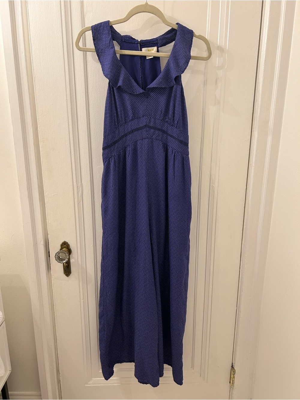 Anthropologie Blue Patterned Maxi Dress with Ruffle Neckline